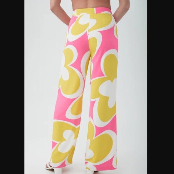 Trina Turk Verity Bright Pink & Yellow Retro Floral Wide Leg Pants 0 - Picture 2 of 8